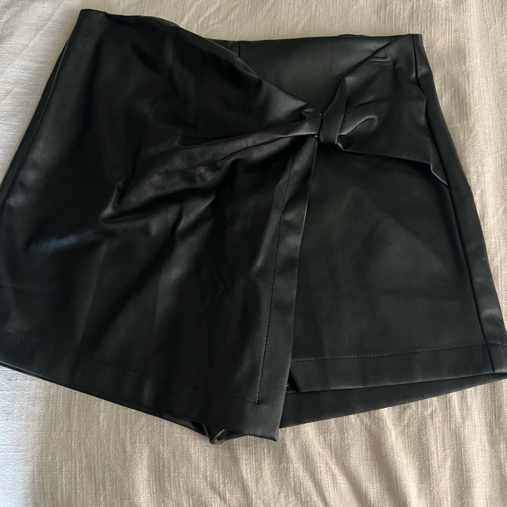 Black Faux Leather Skort with knot Detail